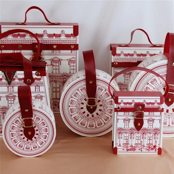 V-alakú Hordozható díszdobozban Ősi Építészeti Minták Tároló Doboz Ujjongó Karácsonyi Ajándék Csomagolás Doboz Sztereoszkopikus Piros