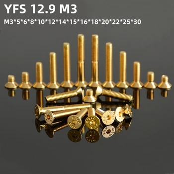 100 YFS M3 Süllyesztett fejű belső Hatlapfejű Csavar M3*5*6*8*10*12*14*15*16*18~30mm Grade12.9 Titán Arany Bevonatot, Csavarok