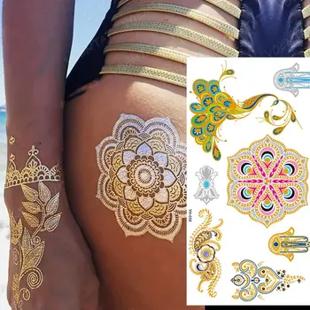 Arany Henna Ideiglenes Tetoválás Mandala Virág Elefánt Design Body Art Vízálló Hamis Henna Tetoválás Matricák Nők Esküvő