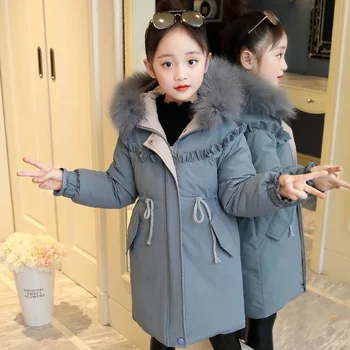 MODX Téli Meleg Kabát Lányoknak Két Szín Faux Prémes Kapucnis Kabát Gyerekek Fehér Kacsa Le Zubbonyok Gyermekek Pamut Hosszú Outwear
