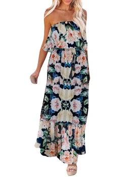 A nők s Bohém Maxi Ruha, virágmintás, majd Elvágta Flowy Ujjatlan Beach Dress for Fél Streetwear