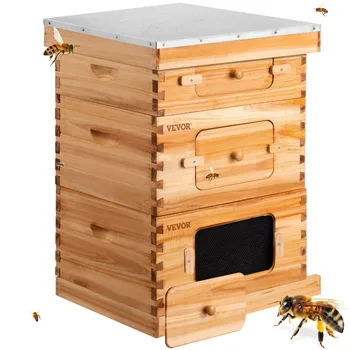 VEVOR Méhkas Doboz Készlet Méh Kaptár Méz 30 Képkocka 2 Mély, 1 Közepes Természetes Fenyő Fa